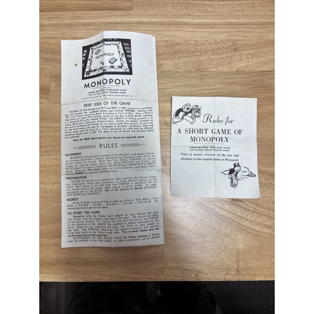 Monopoly 1954 Instructions And Short Games Instructions